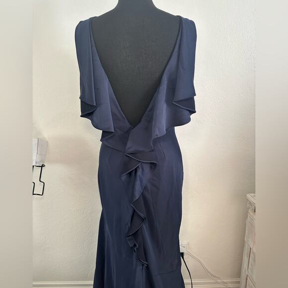 Rachel Zoe Caroline Navy Ruffled Open Back Evening Dress Gown Fishtail size 6 - Picture 8 of 16